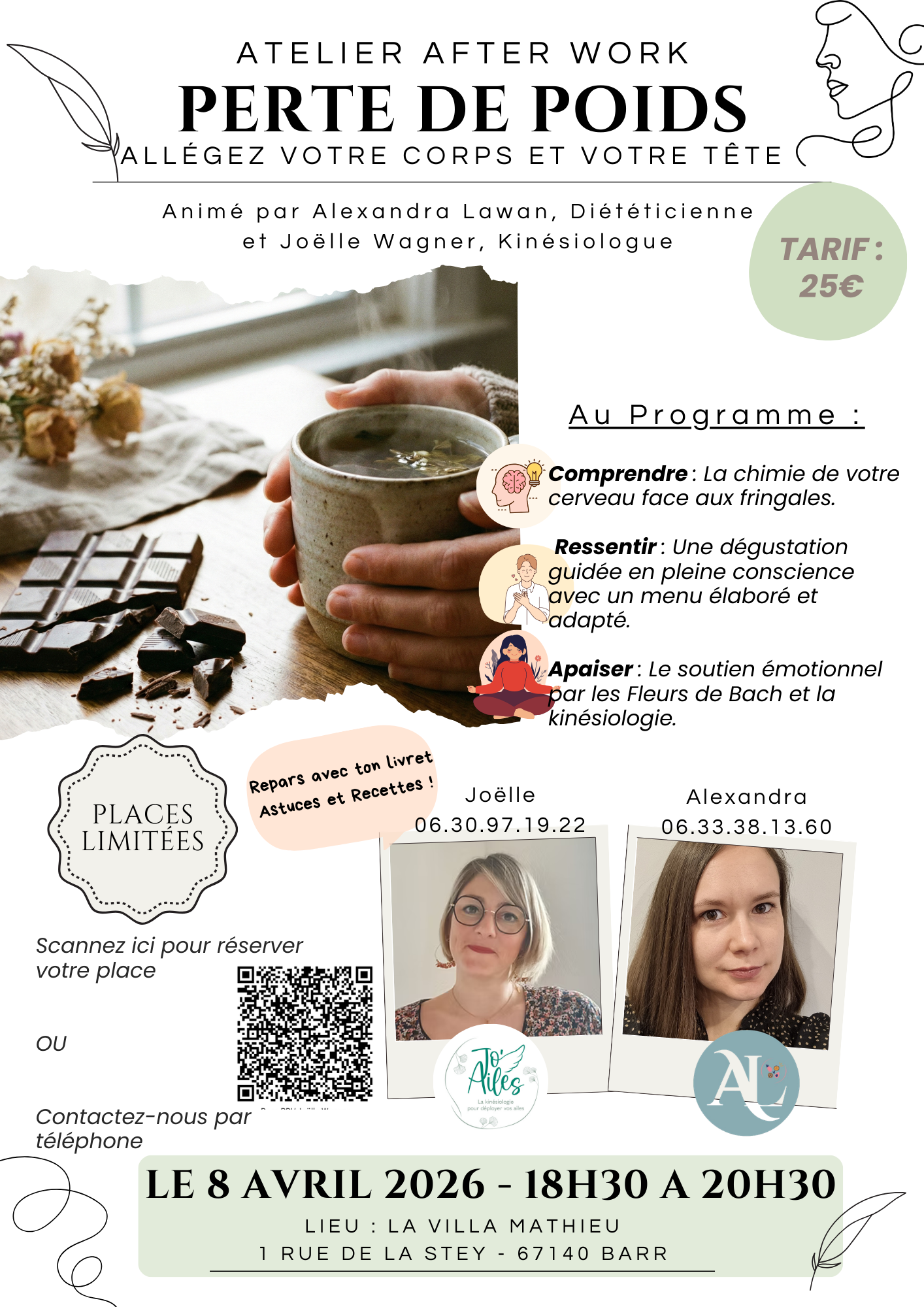 Flyer de l'atelier perte de poids à Barr : gestion des émotions, neuro-nutrition et fleurs de Bach avec Alexandra Lawan diététicienne et Joëlle Wagner kinésiologue.