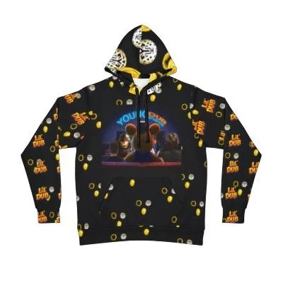 Black hoodie with DJ-themed graphics, including turntables, music notes, and the word 'HIP DUB.'