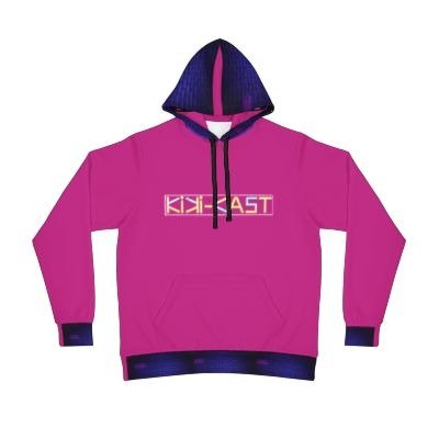 A pink hooded sweatshirt with black drawstrings and a front pocket, featuring a rectangular graphic with the word 'KINDFAST' on the chest.