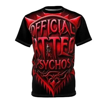 Black t-shirt with red and pink graphic text that reads 'Official Psycho Psychos' and a devil-like design.
