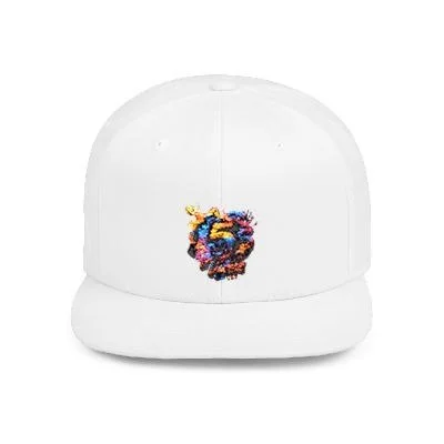 White baseball cap with a colorful embroidered logo on the front