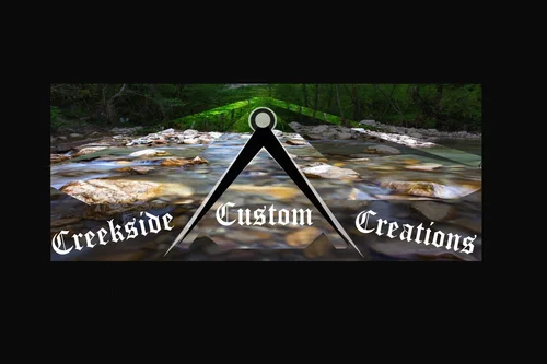 Logo for Riverside Creekside Custom Creations featuring a mountain stream with rocks and greenery, with the company name in a stylized font.