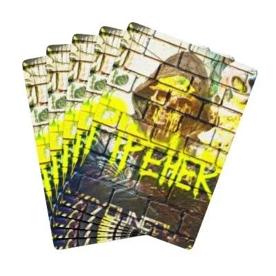 Cards with a graffiti-style skull and cityscape design, spelling the word 'STEALTH' in bright yellow.