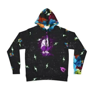 Black hoodie with colorful abstract and lightning bolt patterns, including purple, blue, orange, and pink accents.