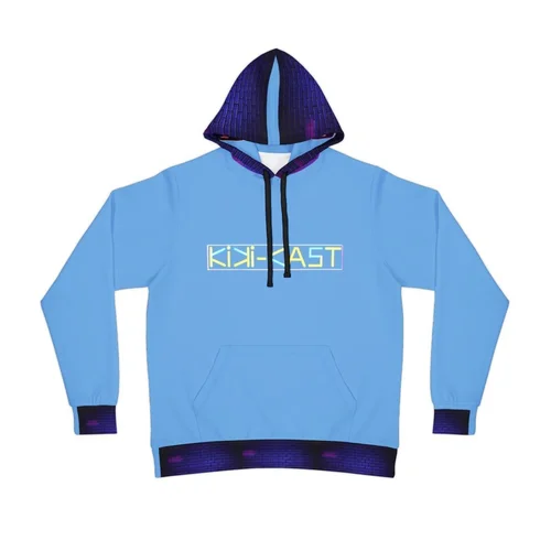 Light blue hoodie with black drawstrings, a kangaroo pocket, and a purple and blue patterned hood, featuring a logo that reads 'KIKI-FAST' in stylized lettering on the front.