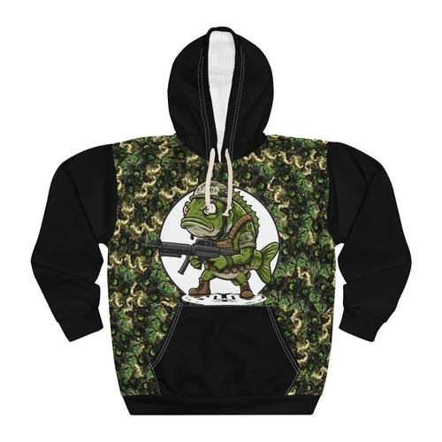 Black hoodie with a graphic of an anthropomorphic fish holding a rifle, wearing military gear, and sunglasses, surrounded by a camouflage pattern.