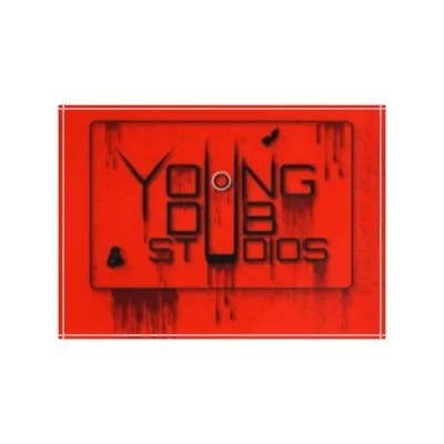 Red safety box with black painted text reading "YOUNG STUDIO" and black painted butterflies.