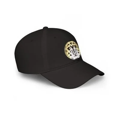 Black baseball cap with white and yellow logo on front