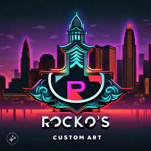 Neon-style city skyline at sunset with a stylized logo reading 'Rocko's Custom Art' in the foreground.