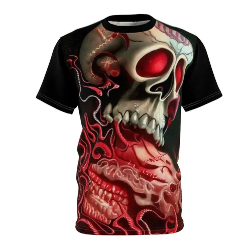 A black T-shirt with a large, detailed graphic of a skull with red eyes and open mouth, surrounded by red and pink swirling designs.