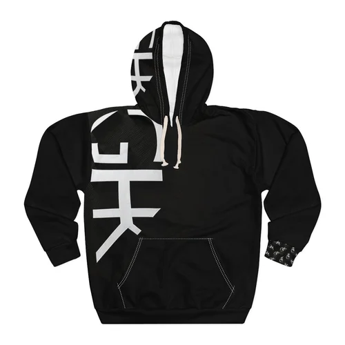 Black hooded sweatshirt with white Asian character graphic on front and Japanese pattern on inside of the hood.
