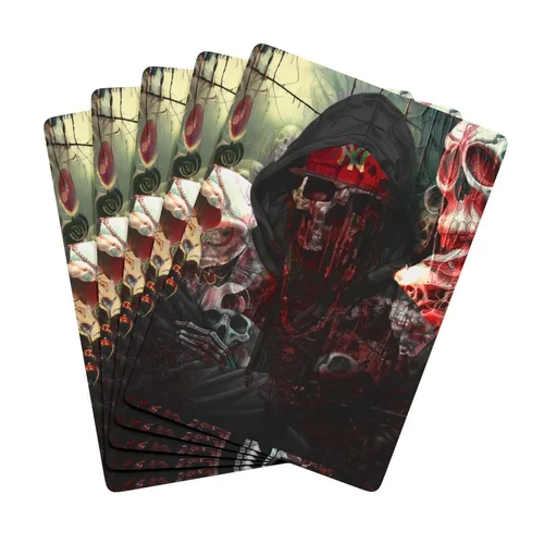 A stack of five playing cards featuring a dark, graffiti-style design with a hooded figure wearing sunglasses and a red bandana, surrounded by skulls and abstract patterns.