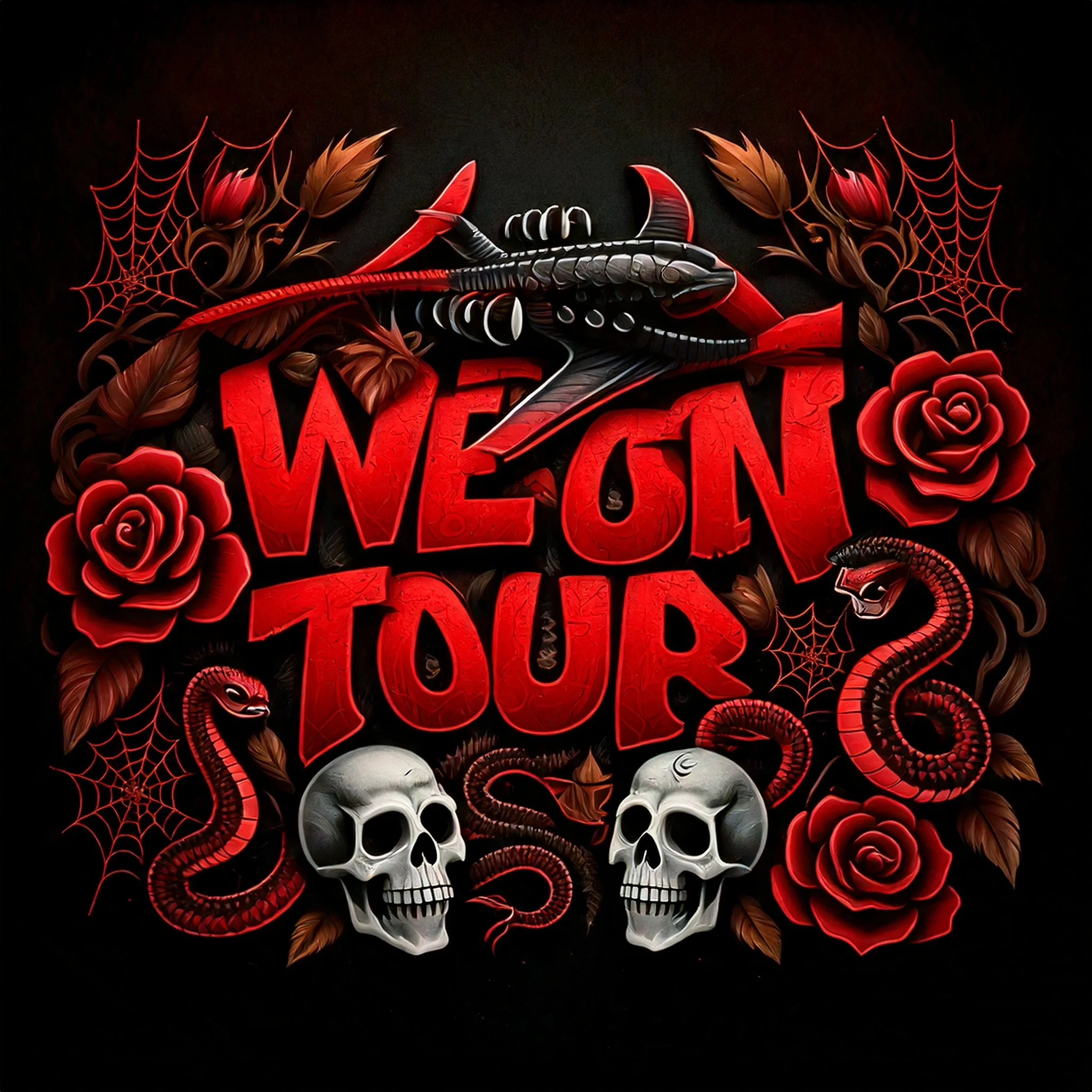 Firefly_WE ON TOUR logo with gothic vibes, with black widows, snakes, skulls, and roses 487095.jpg