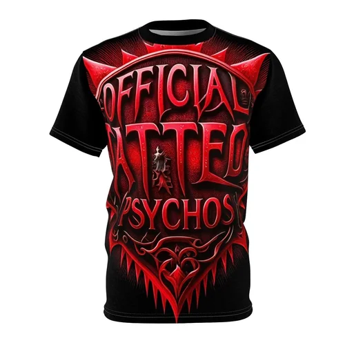 Black T-shirt with red gothic-style text that reads "Official Atted Psychos" and a devilish figure in the center, with spiked and flame-like design elements.