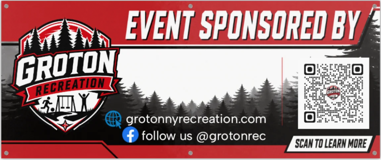 Event sponsorship banner for Groton Recreation featuring the organization's logo with trees and outdoor activities, website URL, Facebook handle, QR code, and a tagline to scan for more information.
