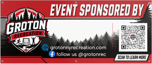 Event sponsorship banner for Groton Recreation featuring the organization's logo with trees and outdoor activities, website URL, Facebook handle, QR code, and a tagline to scan for more information.