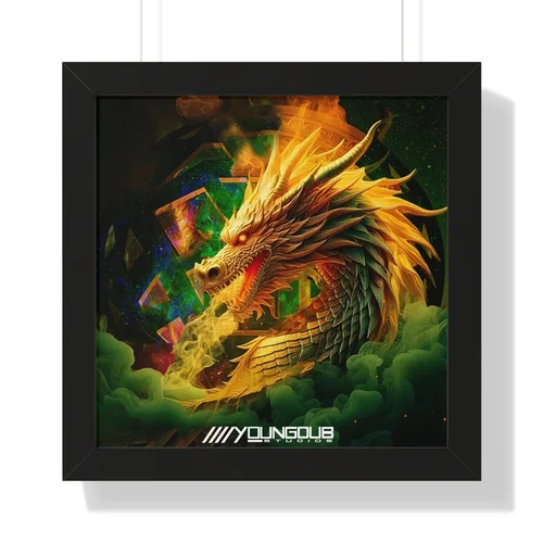 Brightly colored digital artwork of a golden dragon with fiery breath, set against a vibrant cosmic background with geometric shapes, framed in black.