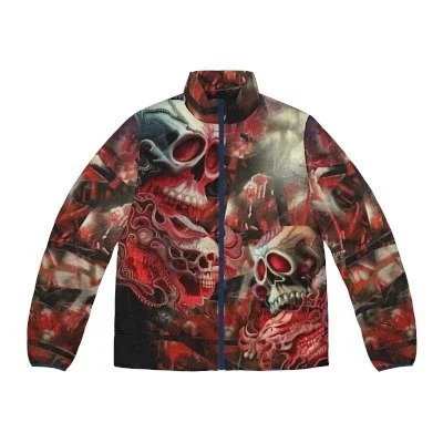 A jacket with a colorful skull and fire design, featuring red, black, and gray hues.