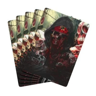 A deck of playing cards with a dark, ominous figure wearing a hooded jacket and a skull mask, surrounded by red and black abstract background.