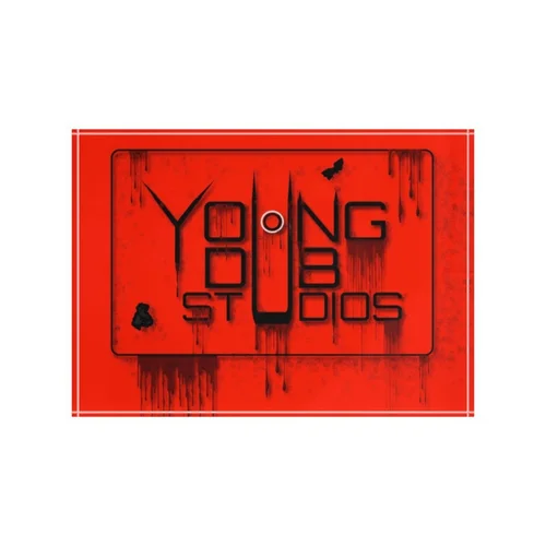 Graffiti-style sign reading 'Young Studios' in black on red background with dripping paint effect.