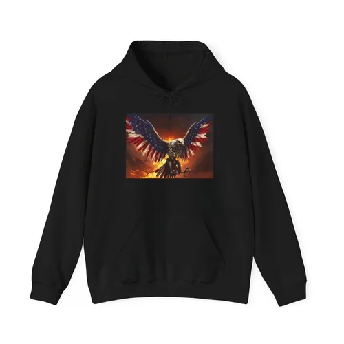 Black hoodie with a graphic of an eagle with American flag-colored wings against a fiery sunset background.