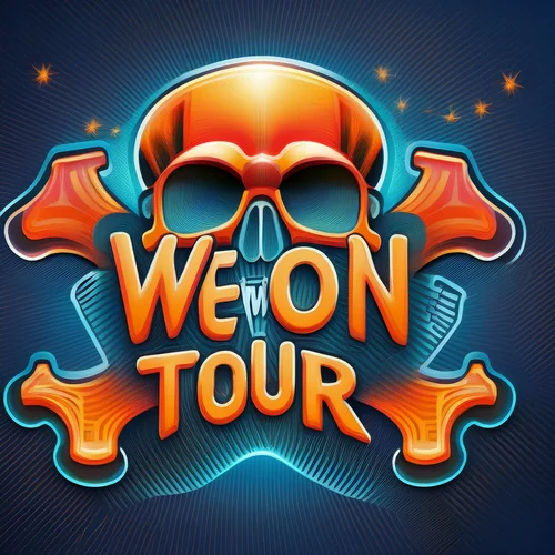 Colorful neon sign with a skull wearing sunglasses and the words "WOW" and "TOUR" in bright orange and yellow letters.