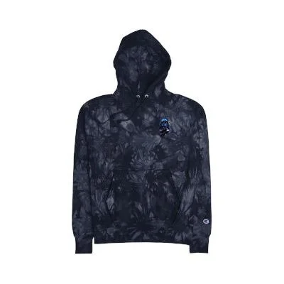 Black tie-dye hoodie with a front pocket and a small logo on the lower left sleeve.