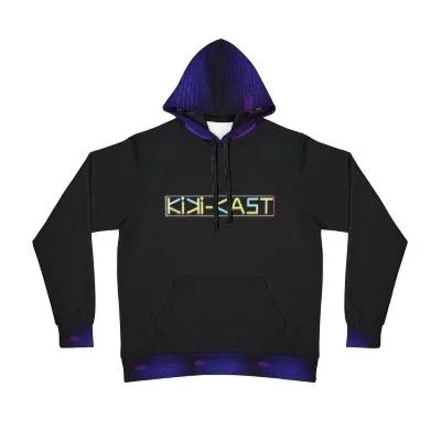 Black hoodie with purple accents and a multicolored graphic on the chest that reads 'KID-FAST'.