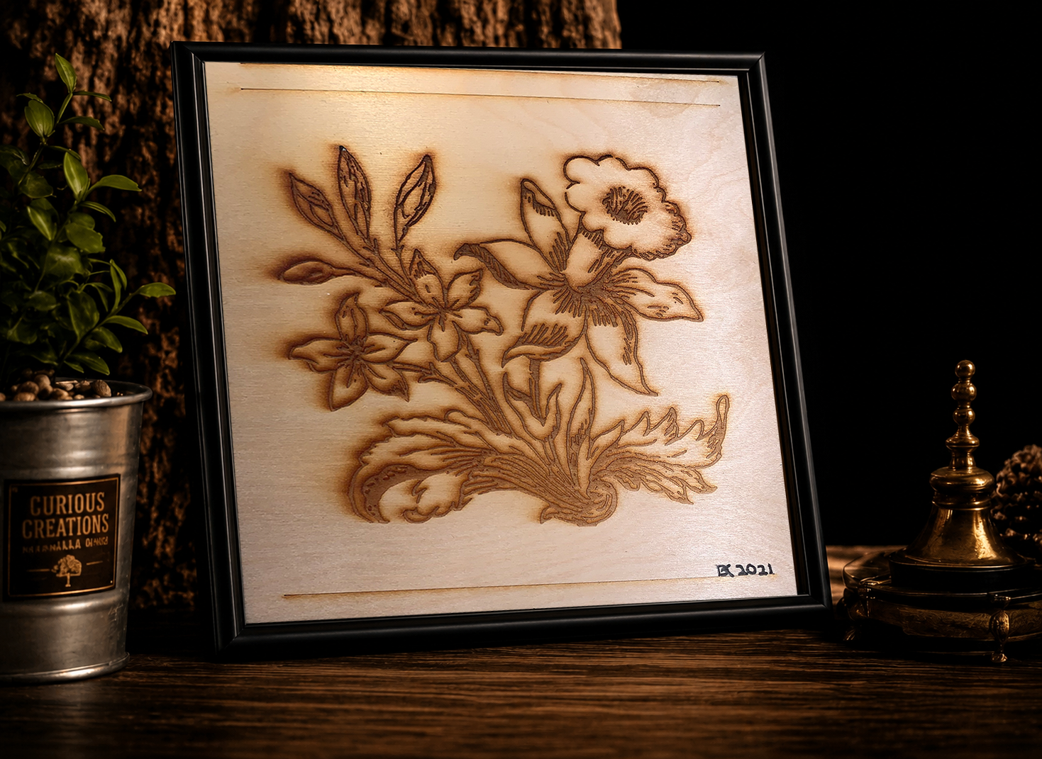 Laser-Engraved Floral Wooden Plaque