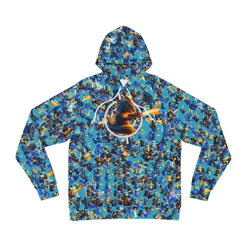 A colorful hoodie with an all-over print of blue and orange fantasy characters, featuring a front graphic of a dragon's head with fiery breath.