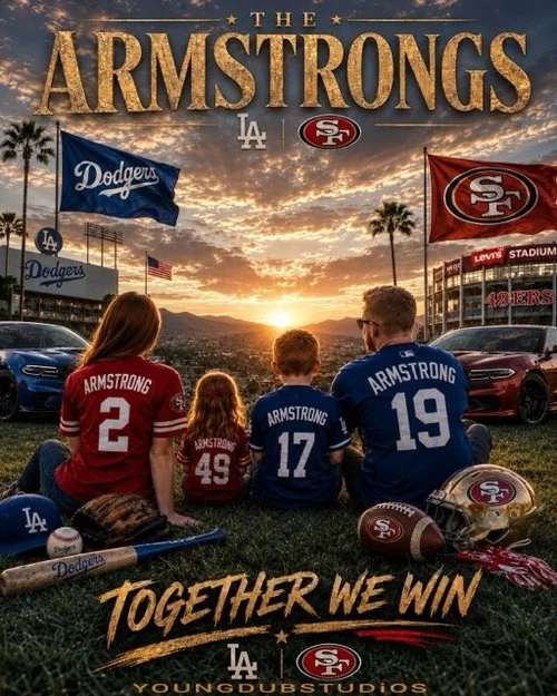 Family sitting on grass in front of a stadium wearing San Francisco 49ers and Los Angeles Dodgers gear, with football and baseball accessories, sunset sky, and stadium flags.