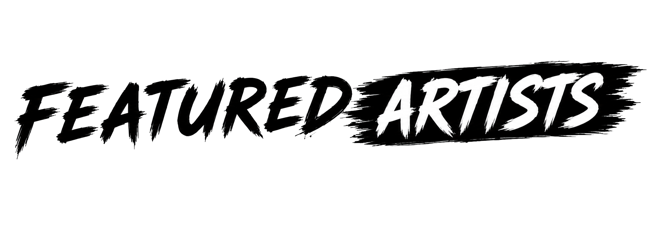 Graphic with the words "Featured Artists" in stylized black and white text on a black background.