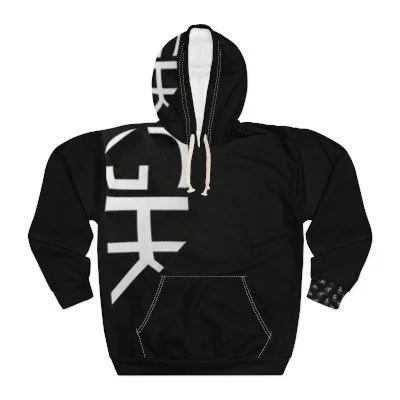 Black hoodie with white text and design details, featuring a front pocket and adjustable drawstrings.