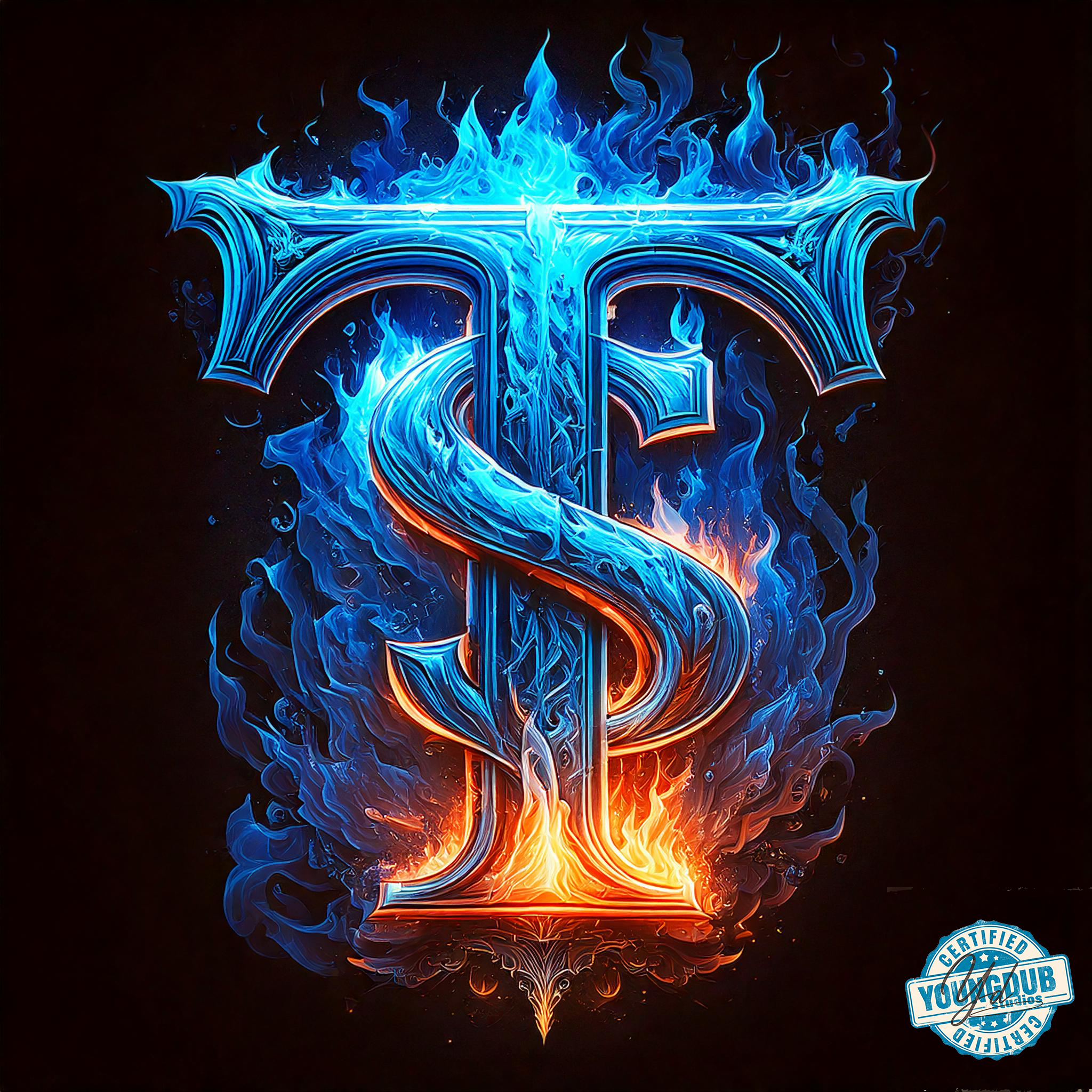Firefly T Money baby blue logo on fire letter T with a $ on it 8601.png