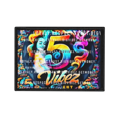 Colorful graphic design featuring a woman, swirling rainbow colors, and the text 'Vibe2' in the center, with a black border.