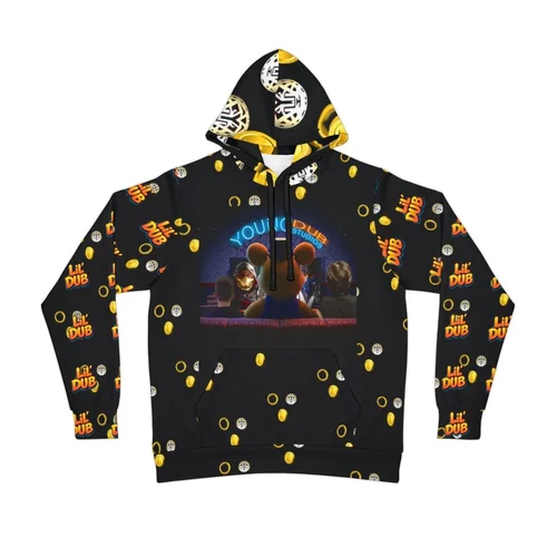 Custom graphic pullover hoodie featuring a vibrant street art style character design.
