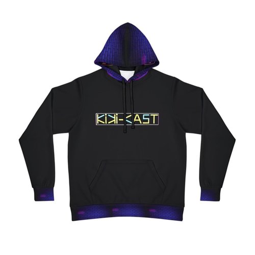 Black hoodie with neon-colored logo and a purple and black hood.