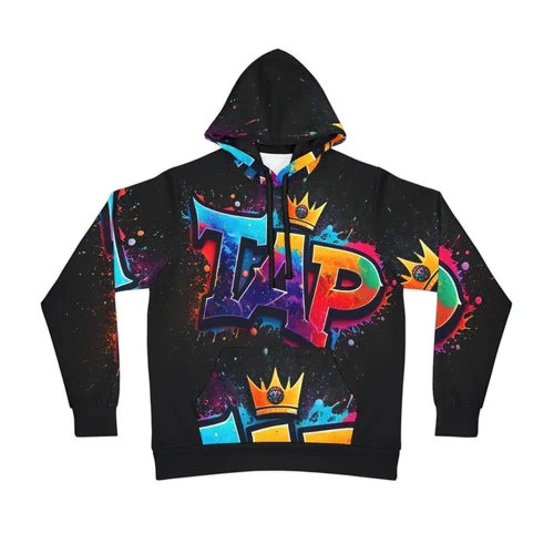 Black hoodie with colorful graffiti-style text and crown graphics