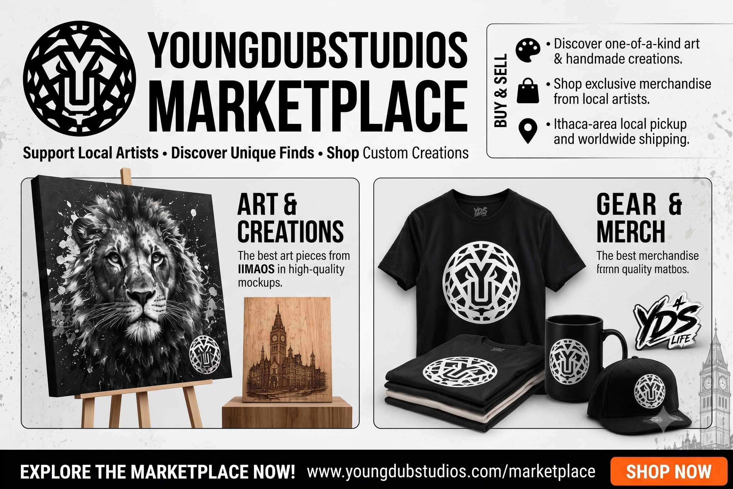 Advertisement for Young Dub Studios Marketplace featuring art prints, apparel, mugs, and merchandise with images of a lion art piece, a cityscape, and various branded items.