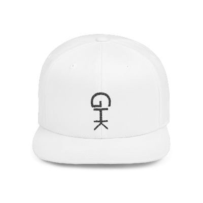 A white baseball cap with a black embroidered logo on the front.