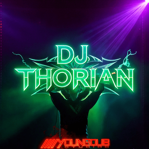 Custom "DJ THORIAN" green neon graphic logo design designed by YOUNGDUBSTUDiOS Ithaca
