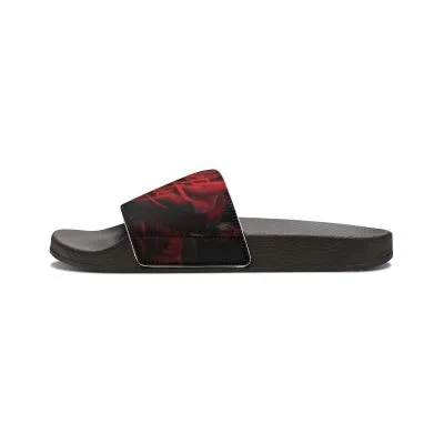 Black slide sandal with a red and black graphic strap and an attached smartphone holder.