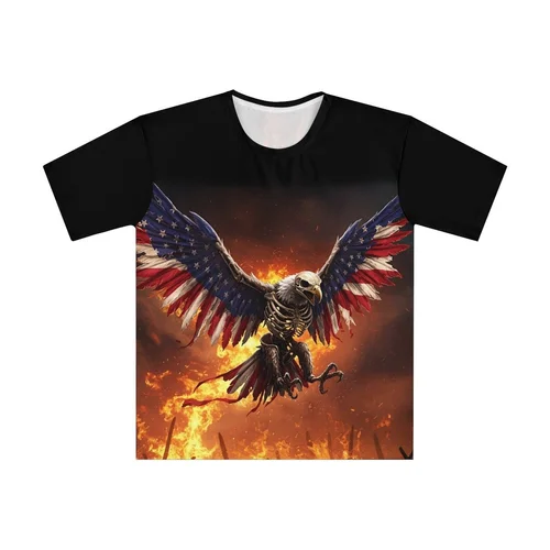 T-shirt featuring a graphic of a skeletal eagle with wings painted in the American flag, soaring above flames and smoke.