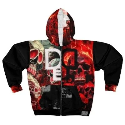Black zip-up hoodie featuring red and beige skull graphics and lightning designs.
