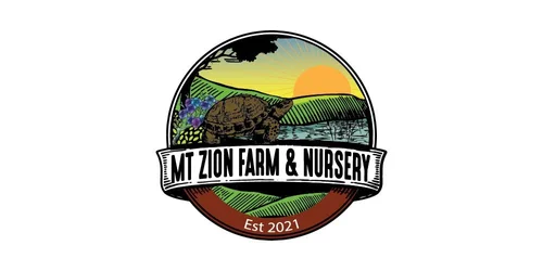 A logo of MZ Zion Farm & Nursery featuring a sunset over green fields, a turtle, purple flowers, and a body of water, with the text "MZ Zion Farm & Nursery" and "Est 2021."