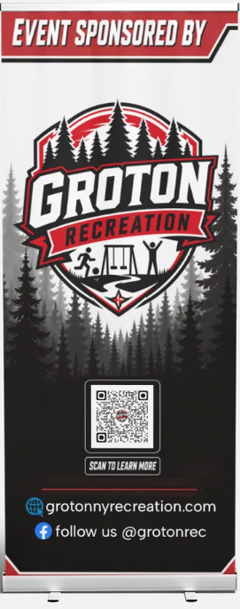 Event banner sponsored by Groton Recreation, with a forest background, QR code, website and social media info.