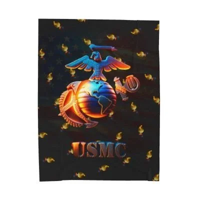 USMC emblem featuring an eagle, globe, and anchor with a background of a black flag decorated with golden eagle symbols.