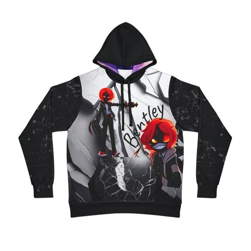 Hooded sweatshirt featuring characters from the game Bendy. The design includes a character with red hair and a black face mask, posed against a cracked wall background with the name "Bendy" written.