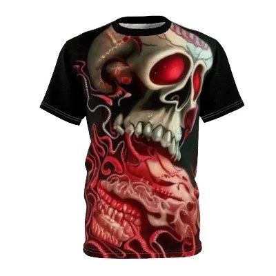 Black T-shirt with a large graphic of a skull with red eye sockets and an exposed brain, surrounded by red and pink fiery and smoky designs.