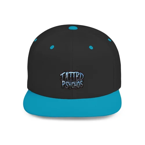 A black and blue snapback cap with the embroidered words 'Tattooed Psychos' on the front.